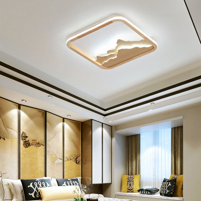 Wood Rectangle Flush Ceiling Light Chinese Bedroom LED Flush Mount Lighting Fixture with Mountain Decor Wood Remote Control Stepless Dimming Clearhalo 'Ceiling Lights' 'Close To Ceiling Lights' 'Close to ceiling' 'Flush mount' Lighting' 2235834