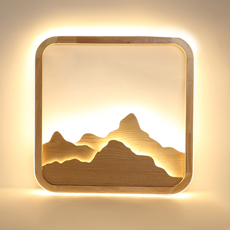 Wood Rectangle Flush Ceiling Light Chinese Bedroom LED Flush Mount Lighting Fixture with Mountain Decor Clearhalo 'Ceiling Lights' 'Close To Ceiling Lights' 'Close to ceiling' 'Flush mount' Lighting' 2235835