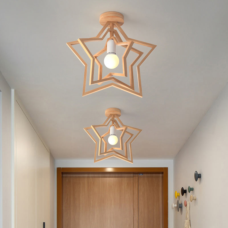Wood Geometric Cage Flush Light Nordic Style Single Flush Ceiling Light Fixture for Corridor Clearhalo 'Ceiling Lights' 'Close To Ceiling Lights' 'Close to ceiling' 'Flush mount' Lighting' 2235927
