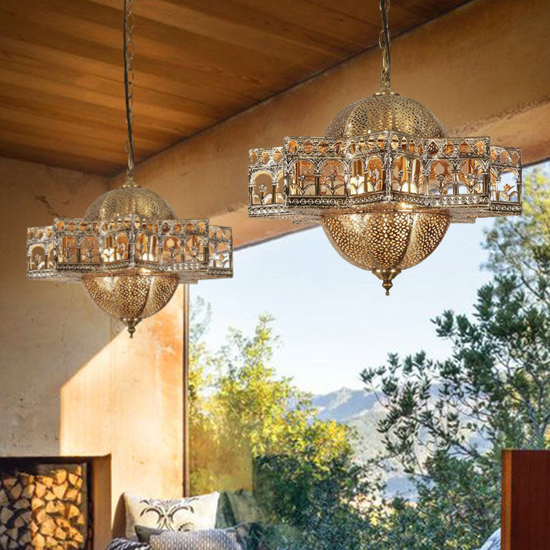 Metallic Hollow out Pendant Light Vintage 3 Bulbs Restaurant Suspension Light Fixture in Bronze Clearhalo 'Ceiling Lights' 'Pendant Lights' 'Pendants' Lighting' 2236279