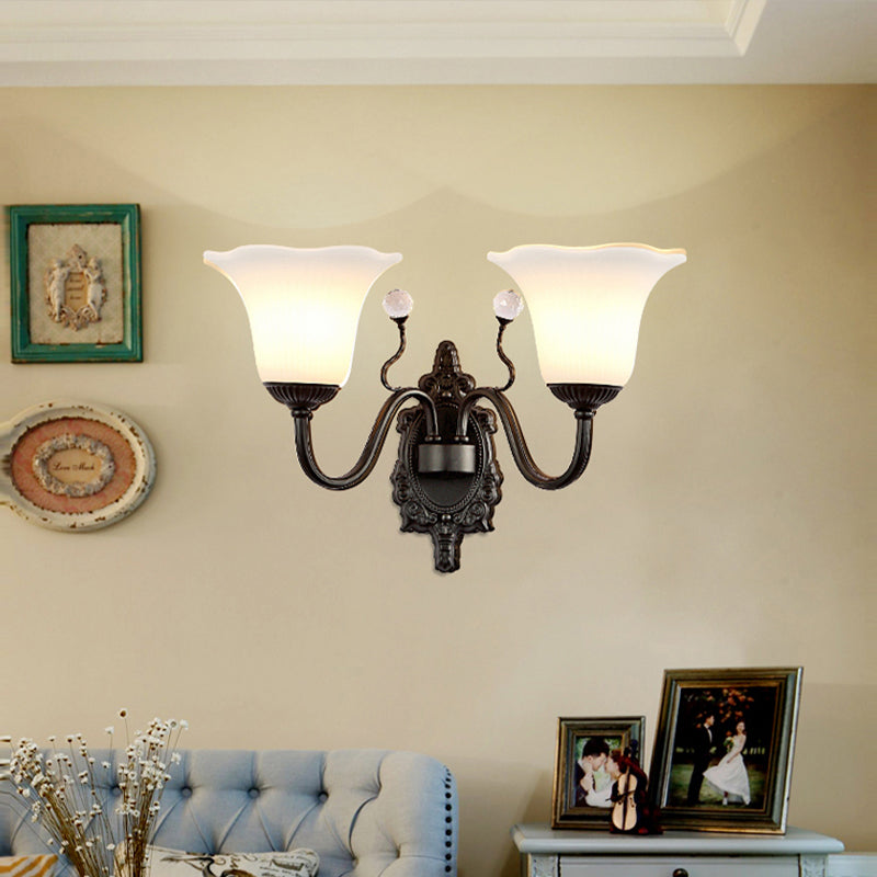 Ivory Glass Black Wall Lamp Flower 1/2-Light Rustic Wall Mount Light Fixture with Crystal Accent for Hall 2.0 Black Clearhalo 'Wall Lamps & Sconces' 'Wall Lights' Lighting' 223883