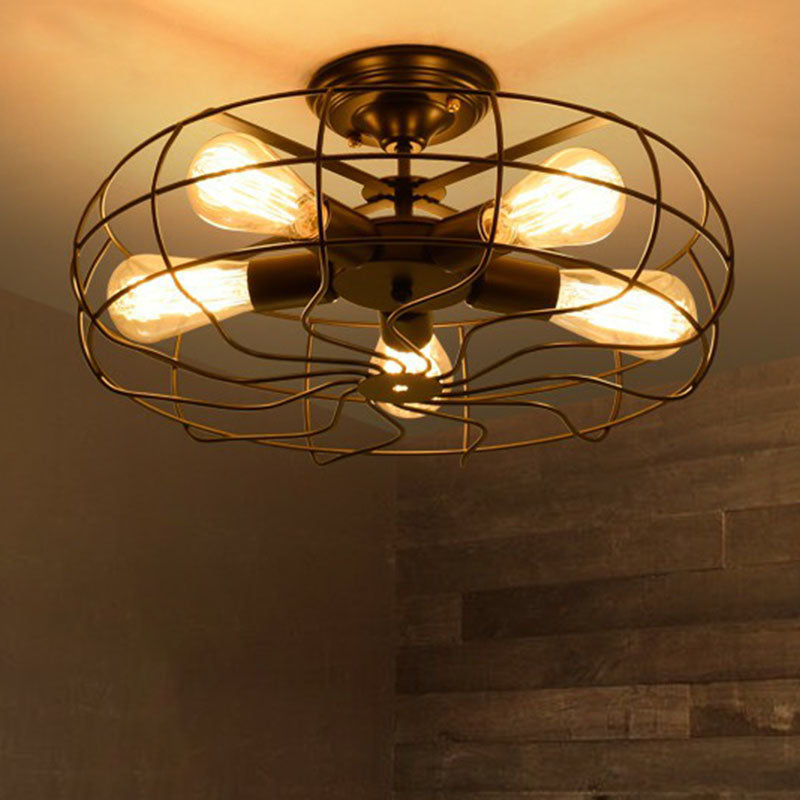 Radial Shape Iron Semi Flush Ceiling Light Vintage Restaurant Flush Mount Lighting with Cage in Black Clearhalo 'Ceiling Lights' 'Close To Ceiling Lights' 'Close to ceiling' 'Semi-flushmount' Lighting' 2241298