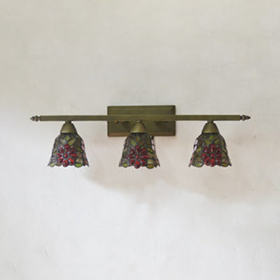 Tiffany Rustic Bell Wall Lighting Stained Glass 3 Lights Bathroom Sconce Lamp in Pink/Red/Orange/Purple Clearhalo 'Cast Iron' 'Glass' 'Industrial' 'Middle century wall lights' 'Modern' 'Tiffany wall lights' 'Tiffany' 'Traditional wall lights' 'Wall Lamps & Sconces' 'Wall Lights' Lighting' 22444