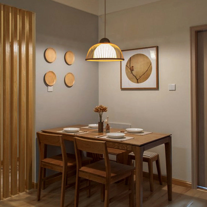 Hemispherical Bamboo Ceiling Light Asian Style 1��Bulb Wood Hanging Lamp for Restaurant Wood A Clearhalo 'Ceiling Lights' 'Pendant Lights' 'Pendants' Lighting' 2245641_6a902fdf-18ff-4904-bc40-233389ca4175