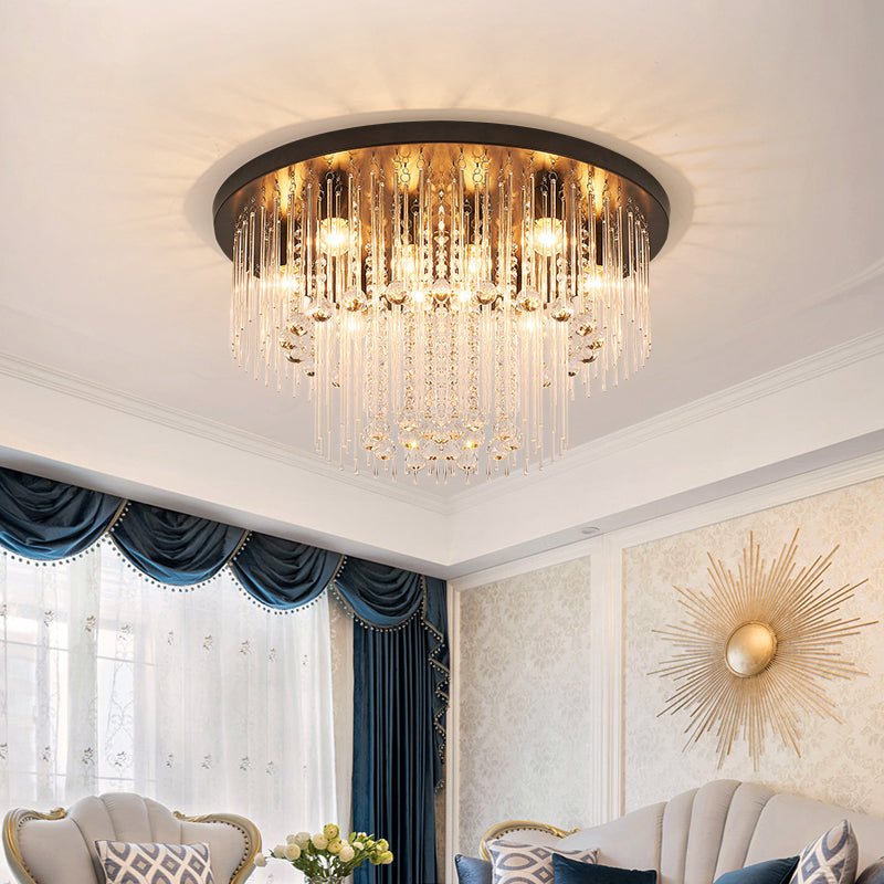 Black Tiered Flush Ceiling Light Modernist 19.5"/23.5" Dia 8-Light Crystal Ceiling Lamp Clearhalo 'Ceiling Lights' 'Close To Ceiling Lights' 'Close to ceiling' 'Flush mount' Lighting' 224693