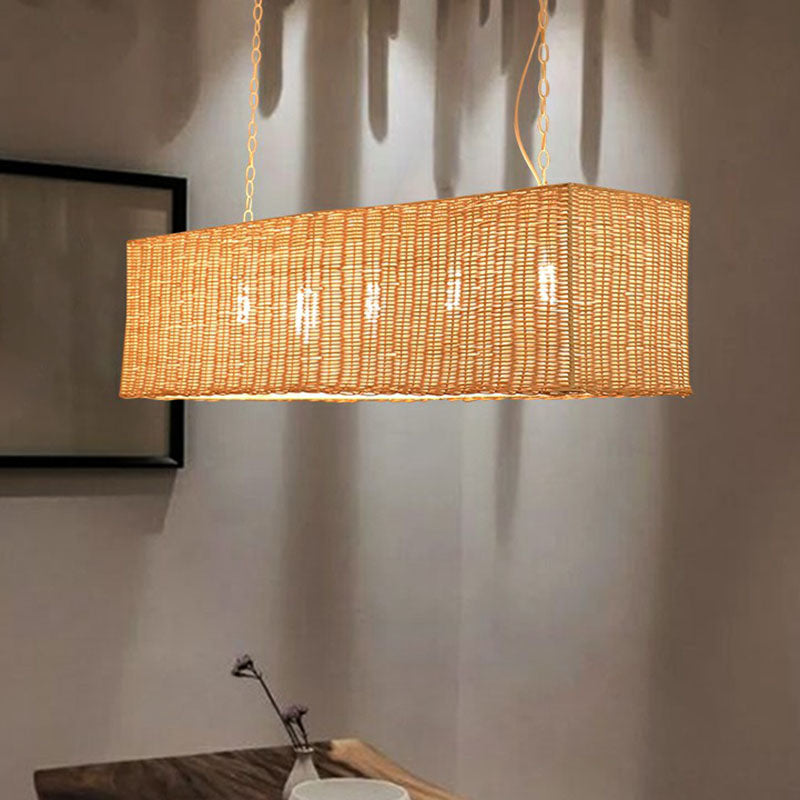 Rectangular Restaurant Hanging Lamp Rattan 3 Heads Minimalist Island Chandelier Light in Wood Clearhalo 'Ceiling Lights' 'Island Lights' Lighting' 2247082