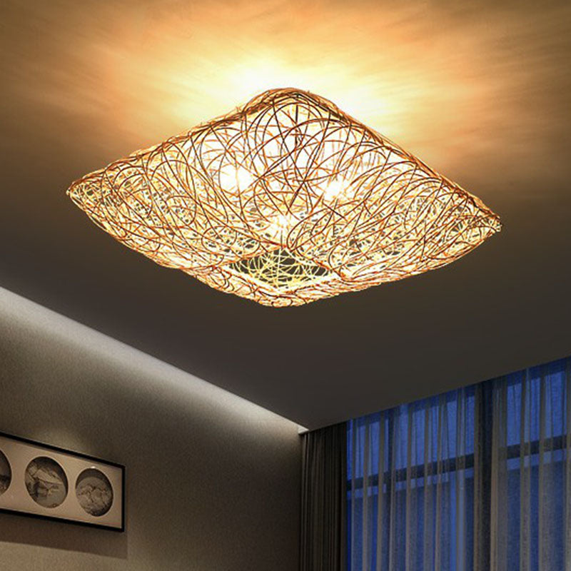 Japanese Square Flush Ceiling Light Rattan 3 Heads Bedroom Flush Mount Lighting in Wood Clearhalo 'Ceiling Lights' 'Close To Ceiling Lights' 'Close to ceiling' 'Flush mount' Lighting' 2248357