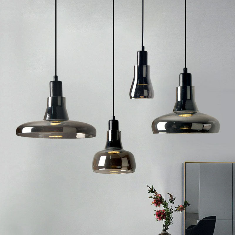 Smoke Grey Glass Pot Lid Pendant Light Contemporary 1-Light Black Ceiling Lighting for Dining Room Clearhalo 'Ceiling Lights' 'Modern Pendants' 'Modern' 'Pendant Lights' 'Pendants' Lighting' 2255009