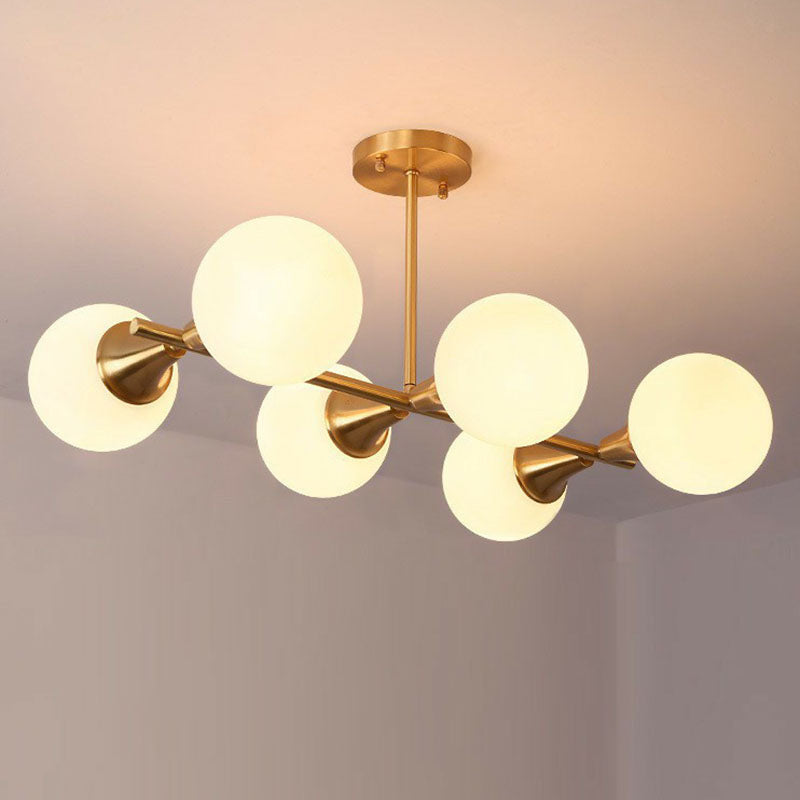 Brass Finish Linear Island Light Postmodernism 6-Light Metal Hanging Pendant with Ball Glass Shade Clearhalo 'Ceiling Lights' 'Island Lights' Lighting' 2255150
