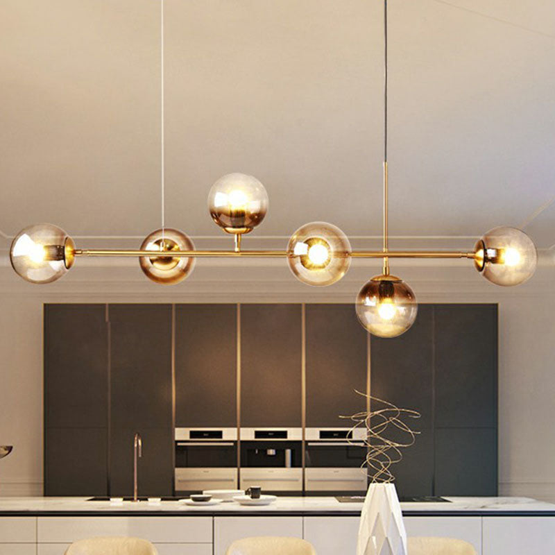 Linear Dining Room Island Lamp Metallic 6 Lights Postmodern Ceiling Pendant with Ball Glass Shade Clearhalo 'Ceiling Lights' 'Island Lights' Lighting' 2255175