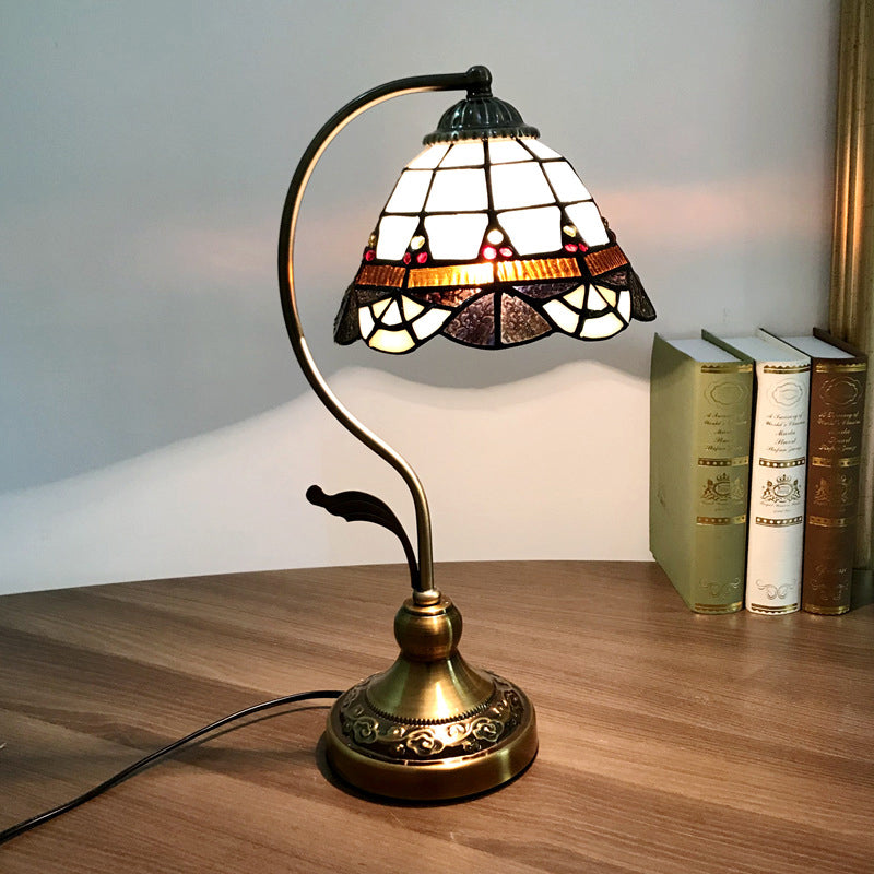 Single Nightstand Lamp Tiffany Style Bell Shade Gridded Glass Table Lighting for Bedroom Brown Clearhalo 'Lamps' 'Table Lamps' Lighting' 2255577