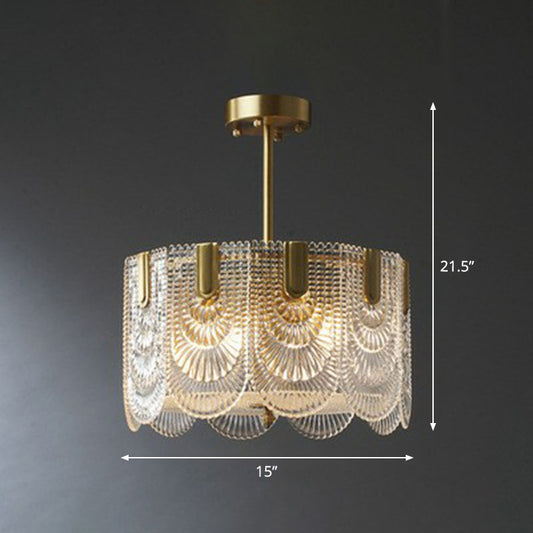 Ribbed Crystal Scalloped Round Chandelier Pendant Light Contemporary Brass Hanging Light 4 Brass Clearhalo 'Ceiling Lights' 'Chandeliers' 'Modern Chandeliers' 'Modern' Lighting' 2255745