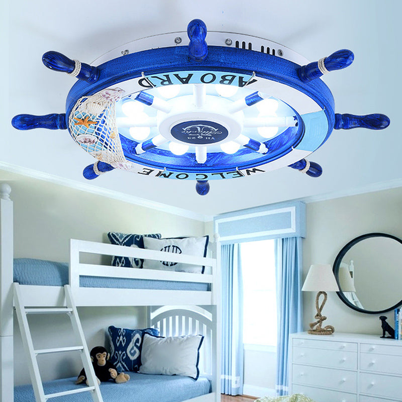 Rudder Wooden Flushmount Lighting Kids Style 8-Bulb LED Flush Ceiling Light with Fishnet Deco Clearhalo 'Ceiling Lights' 'Close To Ceiling Lights' 'Close to ceiling' 'Flush mount' Lighting' 2268617