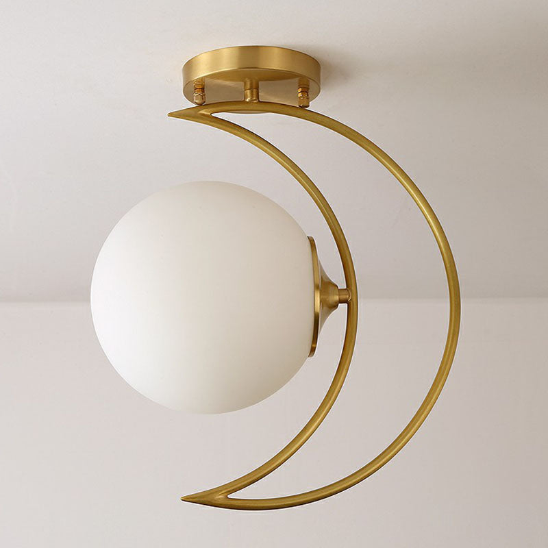 Gold Finish Crescent Flush Light Nordic 1 Head White Ball Glass Semi Flush Ceiling Light Fixture Clearhalo 'Ceiling Lights' 'Close To Ceiling Lights' 'Close to ceiling' 'Semi-flushmount' Lighting' 2268866