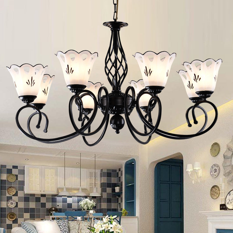 Black Floral Shaped Chandelier Light Fixture Traditional Metal 5/6/8 Lights Living Room Ceiling Light Clearhalo 'Ceiling Lights' 'Chandeliers' 'Glass shade' 'Glass' Lighting' 227292