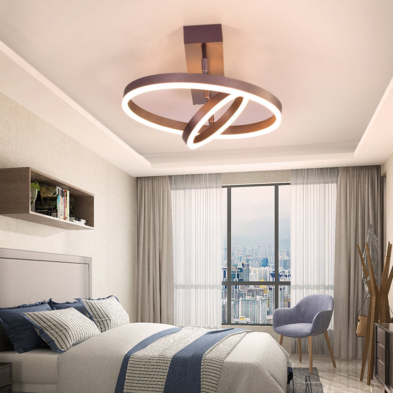 Circular LED Semi Flush Mount Lighting Simplicity Metal Bedroom Ceiling Lamp in Coffee Clearhalo 'Ceiling Lights' 'Close To Ceiling Lights' 'Close to ceiling' 'Semi-flushmount' Lighting' 2275352