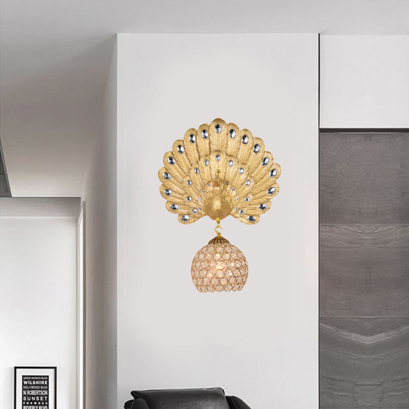 Gold Peacock Wall Mounted Light Vintage Resin 1 Light Living Room Sconce Light with Dome Shade, 8"/14" Wide Gold 14" Clearhalo 'Wall Lamps & Sconces' 'Wall Lights' Lighting' 227597