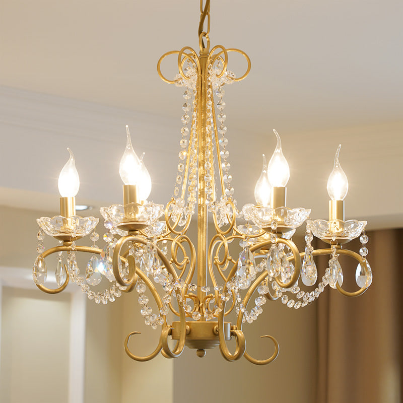Candle Metal and Crystal Ceiling Light Traditional 3/6 Lights Living Room Chandelier Light with Gold Curve Arm 6 Gold Clearhalo 'Ceiling Lights' 'Chandeliers' Lighting' options 227915_110ff741-1fa8-43b7-9d2b-64c68629bf08