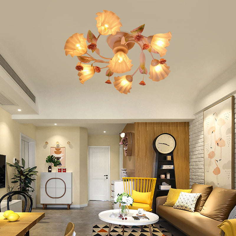 White Glass Flower Semi Flush Mount Light Rustic 4/7 Lights Bedroom Hanging Light Fixture Clearhalo 'Ceiling Lights' 'Close To Ceiling Lights' 'Close to ceiling' 'Glass shade' 'Glass' 'Semi-flushmount' Lighting' 227987