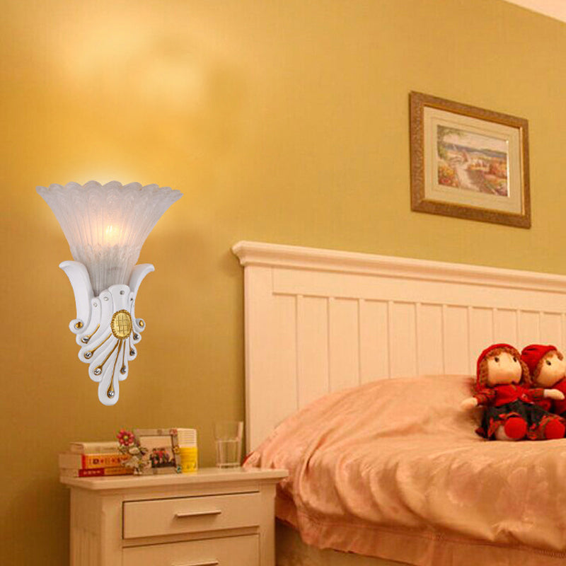 Flower Bedside Wall Light Fixture Traditional White/Yellow Glass 1 Light Sconce Light with Diamond Accent White Clearhalo 'Wall Lamps & Sconces' 'Wall Lights' Lighting' 228011