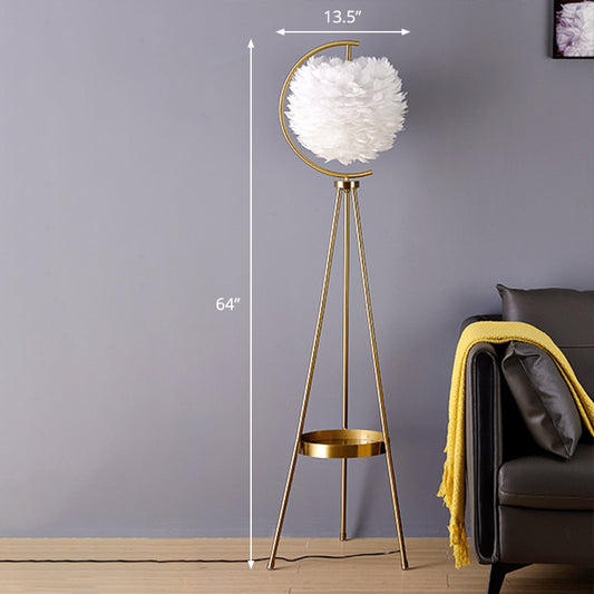 Feather Ball Floor Lighting Nordic 1 Head Stand Up Lamp with Brass Tripod and Tray White Clearhalo 'Floor Lamps' 'Lamps' Lighting' 2283117