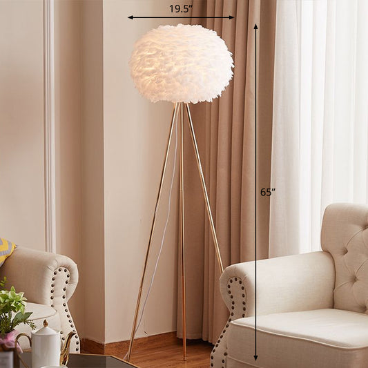 Globe Floor Standing Light Nordic Feather 1-Light Tripod Floor Lamp for Living Room White Clearhalo 'Floor Lamps' 'Lamps' Lighting' 2283122