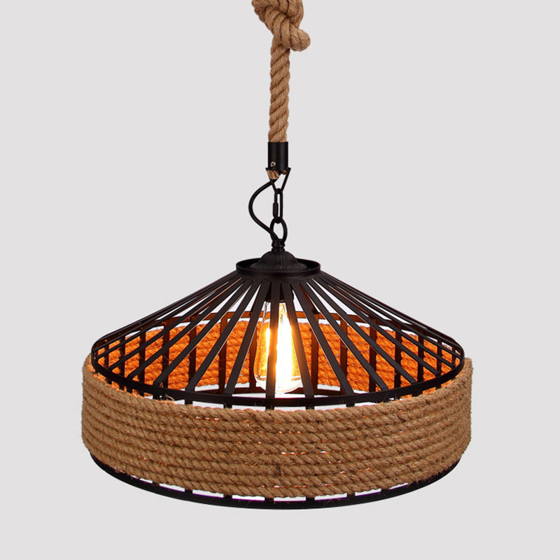 Brown 1-Light Pendant Light Countryside Roped Barn Shaped Hanging Ceiling Light for Bistro Clearhalo 'Ceiling Lights' 'Industrial Pendants' 'Industrial' 'Middle Century Pendants' 'Pendant Lights' 'Pendants' 'Tiffany' Lighting' 2283276