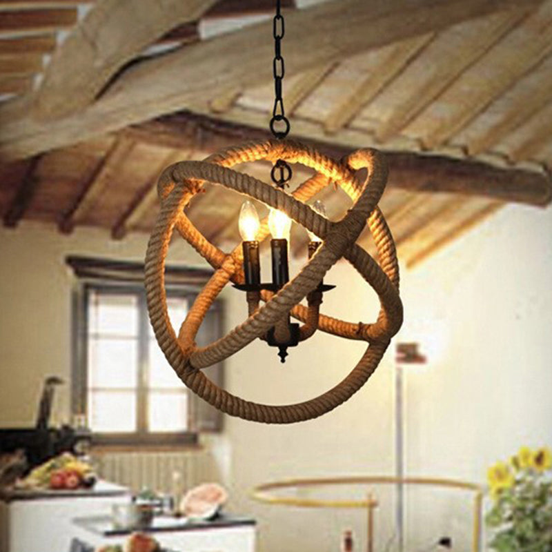 White Orbit Globe Pendant Chandelier Farmhouse Hemp Rope 3 Bulbs Dining Room Ceiling Light Clearhalo 'Ceiling Lights' 'Chandeliers' 'Industrial Chandeliers' 'Industrial' 'Middle Century Chandeliers' 'Tiffany' Lighting' 2283491