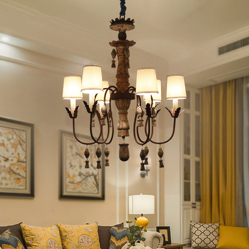 Tapered Fabric Chandelier Lamp Vintage 6 Lights Bedroom Hanging Light Fixture in Black with Wood Drop Clearhalo 'Ceiling Lights' 'Chandeliers' Lighting' options 228389