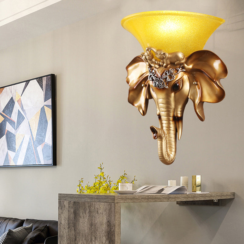Flared Living Room Wall Mount Light Antique Glass 1 Light Gold Sconce Light with Resin Elephant Base Clearhalo 'Wall Lamps & Sconces' 'Wall Lights' Lighting' 228802