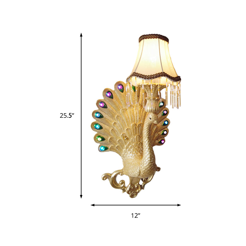 Gold Peacock Wall Light Fixture Southeast Asia Style Resin 1 Light Living Room Sconce Lamp with Scallop Shade Clearhalo 'Wall Lamps & Sconces' 'Wall Lights' Lighting' 228838