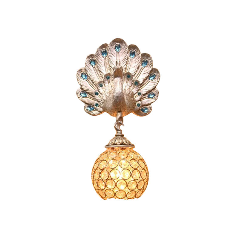 Dome Metal and Crystal Wall Light Antique Style 1 Light Corridor Wall Sconce Light with Silver Peacock Backplate Clearhalo 'Wall Lamps & Sconces' 'Wall Lights' Lighting' 228873