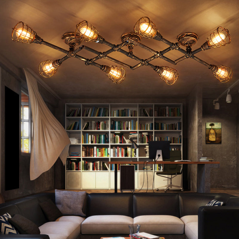 Piping Ceiling Light Fixture Industrial Antiqued Bronze Metal Semi Flush Mount Light with Cage Clearhalo 'Ceiling Lights' 'Close To Ceiling Lights' 'Close to ceiling' 'Semi-flushmount' Lighting' 2289831