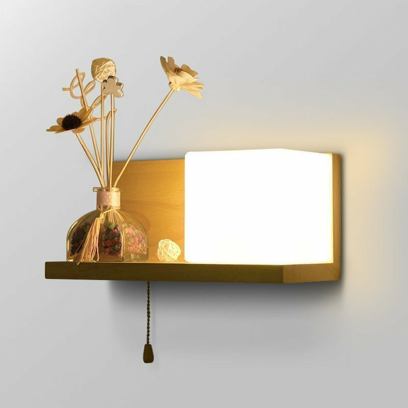 Milk Glass Cube Wall Sconce Lighting Nordic 1-Bulb Wood Shelf Wall Light with Pull Chain Clearhalo 'Modern wall lights' 'Modern' 'Wall Lamps & Sconces' 'Wall Lights' Lighting' 2293624