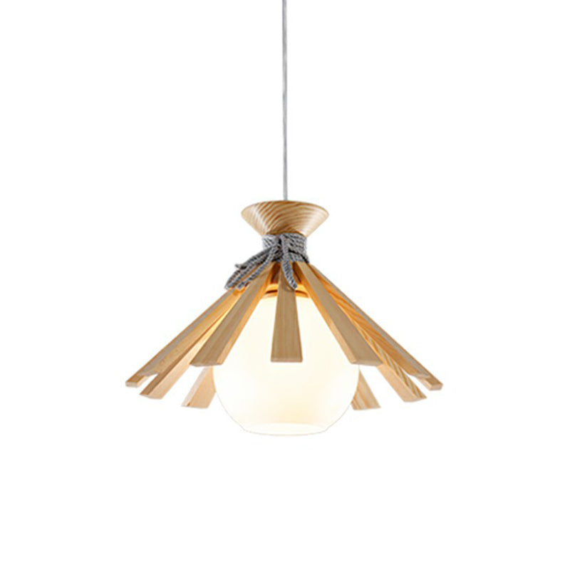 Conical Wood Slat Pendant Light Kit Modern 1-Light Down Lighting with Dome White Glass Shade Clearhalo 'Ceiling Lights' 'Modern Pendants' 'Modern' 'Pendant Lights' 'Pendants' Lighting' 2294437