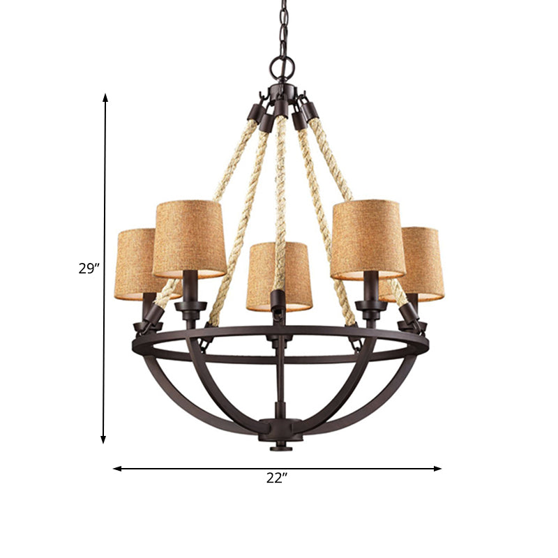 Semi-Circle Cage Bedroom Pendant Chandelier Country Metal 5 Lights Bronze Hanging Fixture with Fabric Shade Clearhalo 'Ceiling Lights' 'Chandeliers' Lighting' options 229616