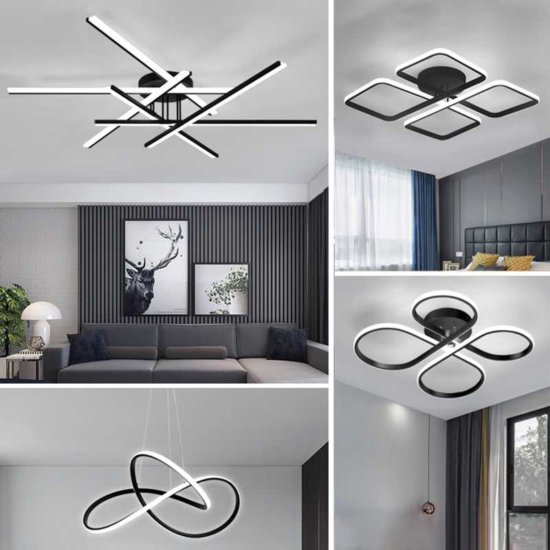 Minimalist Line Art Semi Flush Light Metal Living Room LED Ceiling Lamp in Black Clearhalo 'Ceiling Lights' 'Close To Ceiling Lights' 'Close to ceiling' 'Semi-flushmount' Lighting' 2307736