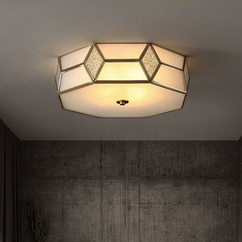 Octagon Bedroom Flush Light Fixture Minimalistic Textured White Glass Brass Ceiling Mount Light Clearhalo 'Ceiling Lights' 'Close To Ceiling Lights' 'Close to ceiling' 'Flush mount' Lighting' 2311288