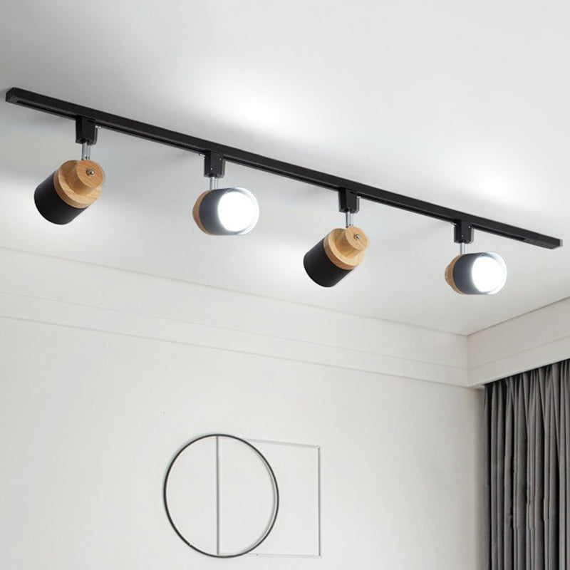 Nordic Cylindrical Flush Mount Spotlight Metal Bedroom Semi Flush Track Light with Wood Deco Clearhalo 'Ceiling Lights' 'Close To Ceiling Lights' 'Close to ceiling' 'Semi-flushmount' Lighting' 2311468