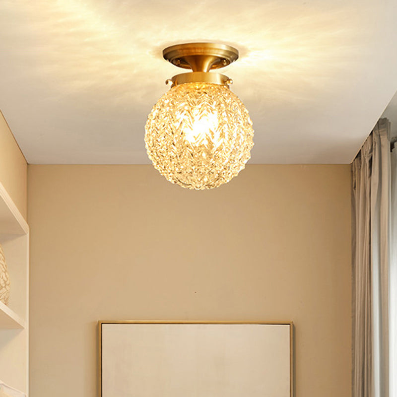 Carved Glass Spherical Flush Mount Farm Style 1 Head Foyer Ceiling Mounted Light in Brass Clearhalo 'Ceiling Lights' 'Close To Ceiling Lights' 'Close to ceiling' 'Semi-flushmount' Lighting' 2311585