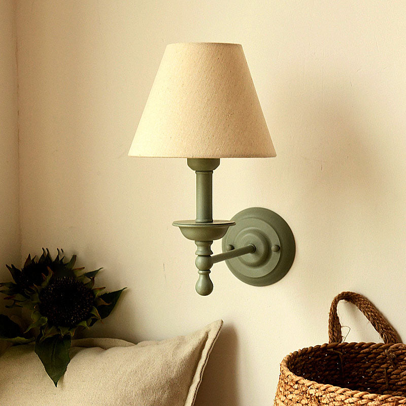 1 Bulb Cone Wall Lamp Vintage Style Red/Yellow/Blue Fabric Shade Wall Sconce for Dining Room Beige Clearhalo 'Wall Lamps & Sconces' 'Wall Lights' Lighting' 231388