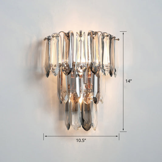 Clear and Smoke Crystal Tiers Sconce Light Simplicity 3-Head Wall Mount Light for Hallway Clear Clearhalo 'Cast Iron' 'Glass' 'Industrial' 'Modern wall lights' 'Modern' 'Tiffany' 'Traditional wall lights' 'Wall Lamps & Sconces' 'Wall Lights' Lighting' 2327313