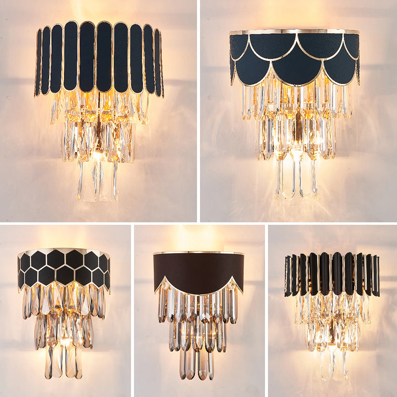Tapered Flush Wall Sconce Minimalist Crystal 3 Bulbs Black Wall Lamp for Bedroom Clearhalo 'Cast Iron' 'Glass' 'Industrial' 'Modern wall lights' 'Modern' 'Tiffany' 'Traditional wall lights' 'Wall Lamps & Sconces' 'Wall Lights' Lighting' 2335798