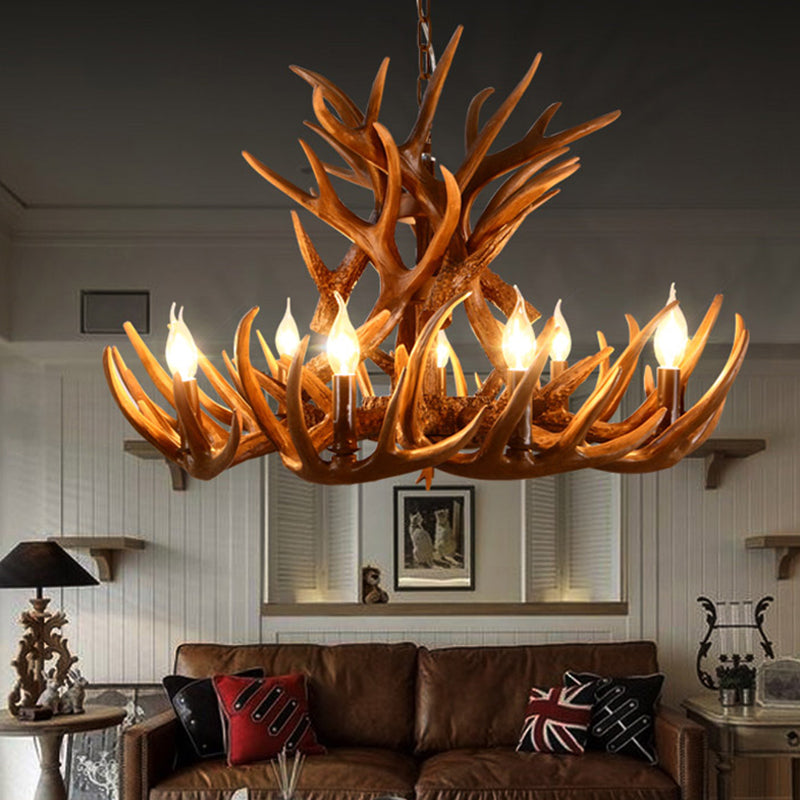 Resin Candelabra Chandelier Lamp Rural 9-Head Restaurant Pendant Ceiling Light in Brown Clearhalo 'Ceiling Lights' 'Chandeliers' Lighting' options 234076