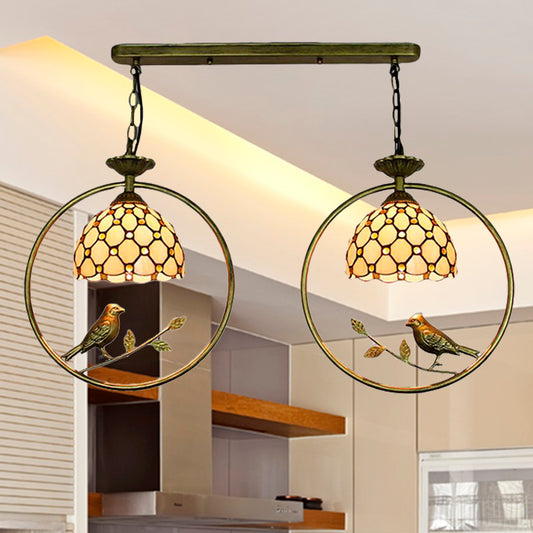 Tiffany Rustic Dome Pendant Light Glass Two Lights Ceiling Pendant with Bird for Restaurant in Beige Clearhalo 'Ceiling Lights' 'Industrial' 'Middle Century Pendants' 'Pendant Lights' 'Pendants' 'Tiffany close to ceiling' 'Tiffany Pendants' 'Tiffany' Lighting' 235172
