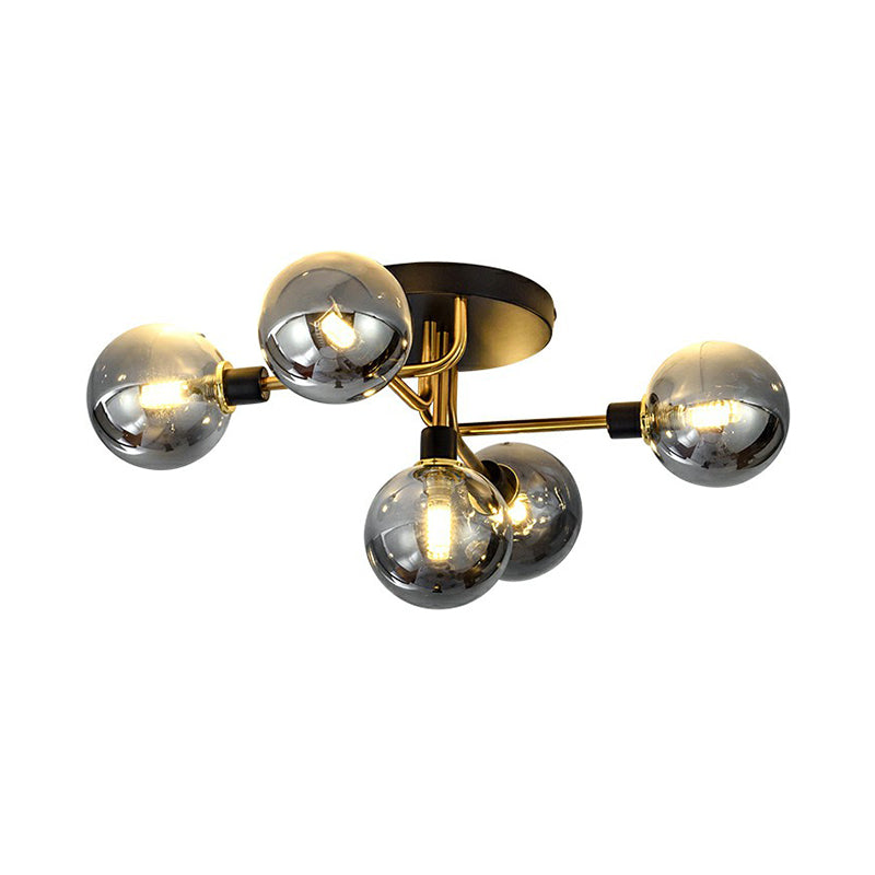 Postmodern Sphere Flush Mount Lamp Glass 5-Light Bedroom Semi Flush Mount Ceiling Light in Black-Brass Clearhalo 'Ceiling Lights' 'Close To Ceiling Lights' 'Close to ceiling' 'Semi-flushmount' Lighting' 2353982
