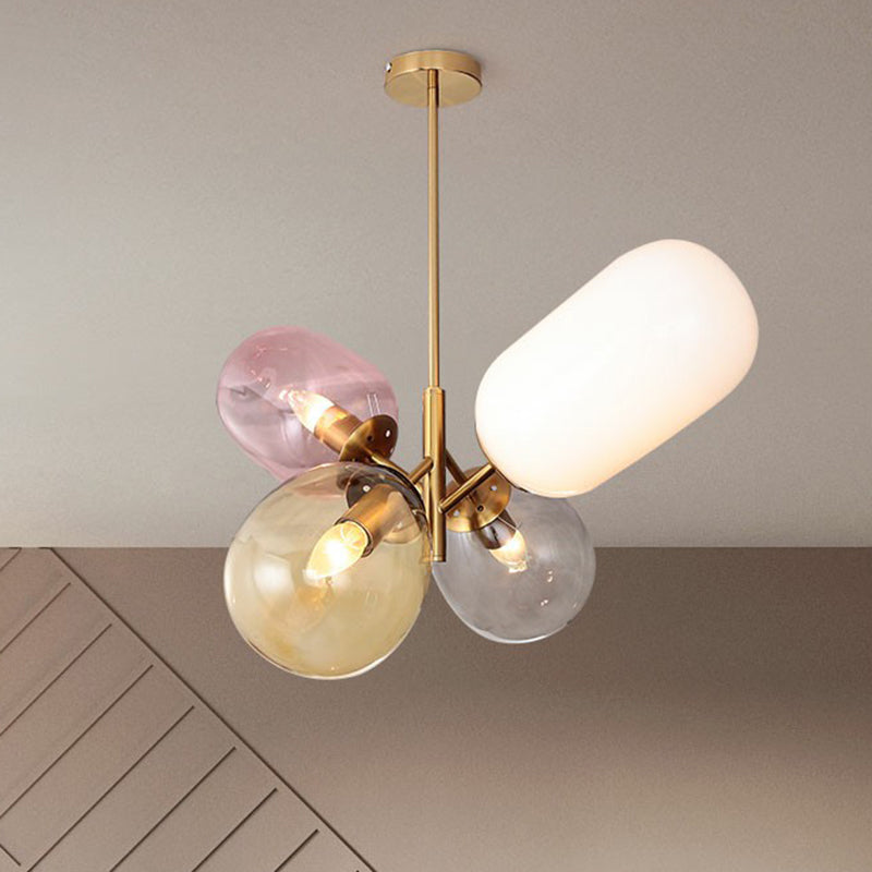 Postmodern 4-Light Pendant Chandelier Brass Balloon Ceiling Lamp with Multicolored Glass Shade Clearhalo 'Ceiling Lights' 'Chandeliers' 'Modern Chandeliers' 'Modern' Lighting' 2354350