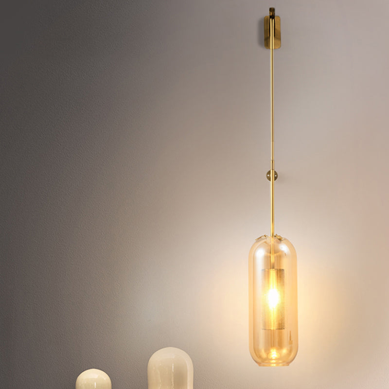 Pill Capsule Glass Wall Lamp Post-Modern 1 Head Brass Sconce Light Fixture with Mesh Guard Clearhalo 'Cast Iron' 'Glass' 'Industrial' 'Modern wall lights' 'Modern' 'Tiffany' 'Traditional wall lights' 'Wall Lamps & Sconces' 'Wall Lights' Lighting' 2356799
