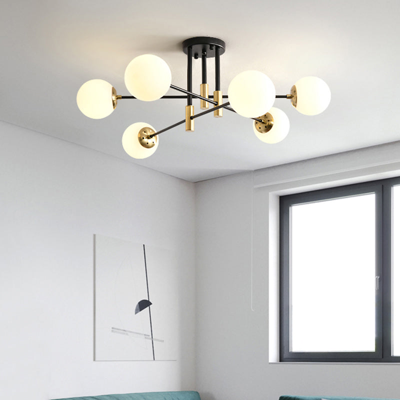 Ivory Glass Ball Flush Ceiling Light Simple Style Black-Brass Semi Flush Mount for Dining Room Clearhalo 'Ceiling Lights' 'Close To Ceiling Lights' 'Close to ceiling' 'Semi-flushmount' Lighting' 2357172