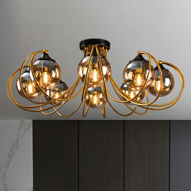 Brass Finish Floral Semi-Flush Ceiling Light Postmodern Glass Flushmount Lighting for Living Room Clearhalo 'Ceiling Lights' 'Close To Ceiling Lights' 'Close to ceiling' 'Semi-flushmount' Lighting' 2357863